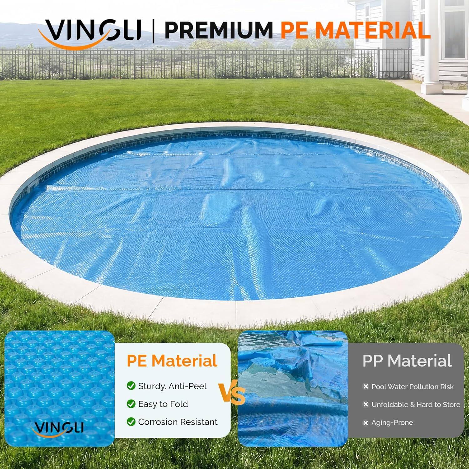 VINGLI | PREMIUM PE MATERIAL

PE Material
- Sturdy, Anti-Peel
- Easy to Fold
- Corrosion Resistant

VS

PP Material
- Pool Water Pollution Risk
- Unfoldable & Hard to Store
- Aging-Prone