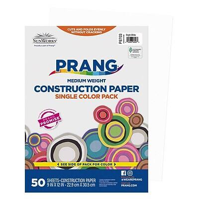 Sure, here is the corrected and grouped text from the image:

---

**Sunworks**  
Cuts and folds evenly without cracking

**PRANG**  
Medium Weight Construction Paper  
Single Color Pack

**Promise**  
See side of pack for color

50 Sheets - Construction Paper  
9" x 12" (22.9 cm x 30.5 cm)

#WEAREPRANG  
PRANG.COM

---

**Social Media Icons:**  
Facebook, Instagram, Twitter

**Additional Text:**  
"See side of pack for color"  
"9" x 12" - 22.9 cm x 30.5 cm"