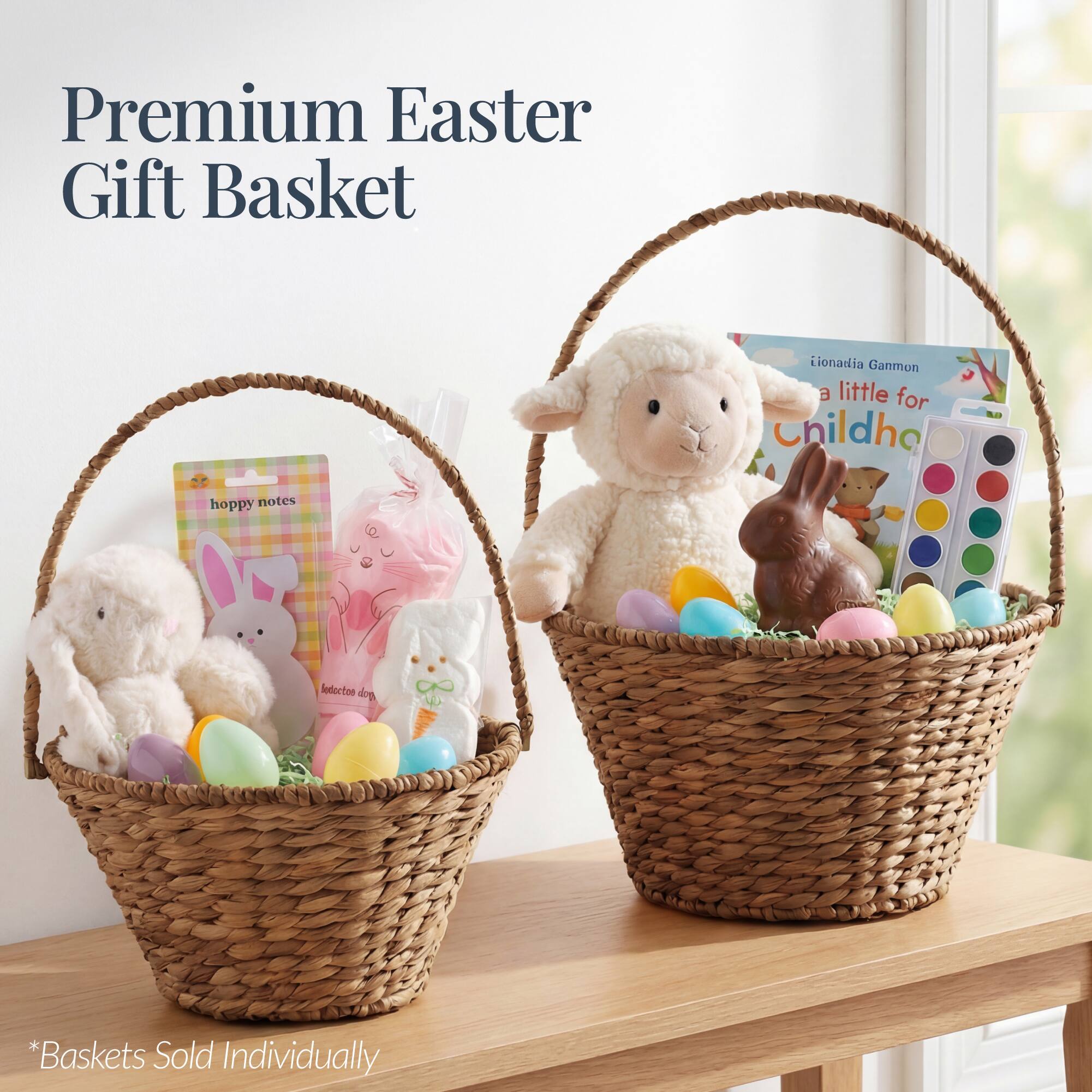 Premium Easter Gift Basket  
Lionadia Ganmon  
a little for Childhood  
hoppy notes  
* Baskets Sold Individually