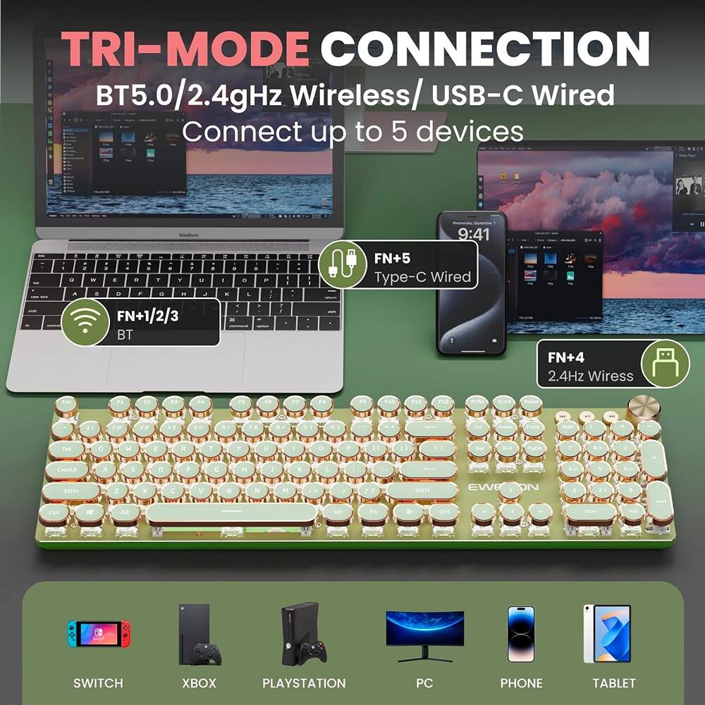 TRI-MODE CONNECTION  
BT5.0/2.4GHz Wireless / USB-C Wired  
Connect up to 5 devices  

FN+1/2/3 BT  
FN+5 Type-C Wired  
FN+4 2.4GHz Wireless  

SWITCH  
XBOX  
PLAYSTATION  
PC  
PHONE  
TABLET