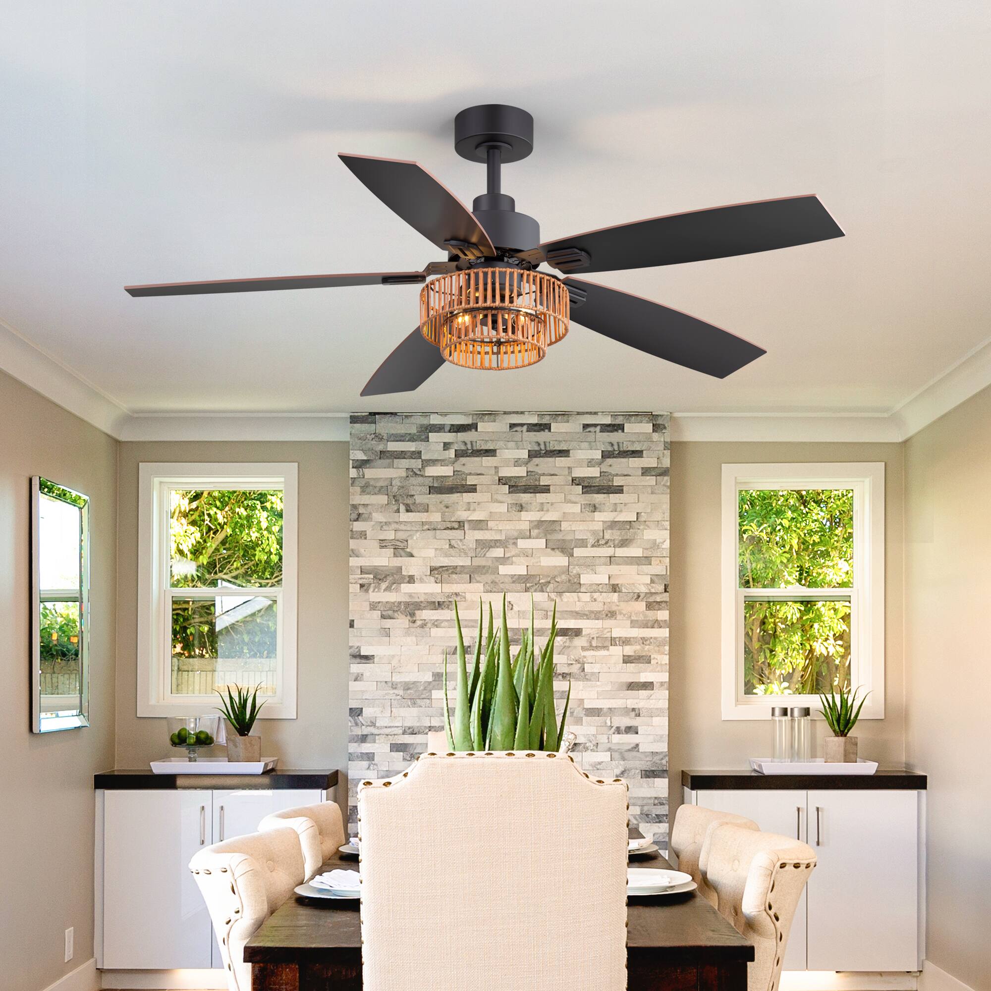 Back. Breezary - 52-in Ceiling Fan with Two-Tier Rattan Basket Shade, Dual-finish blades, Timer, DC Motor, Remote & 6″ Downrod - Black and Deep Walnut.