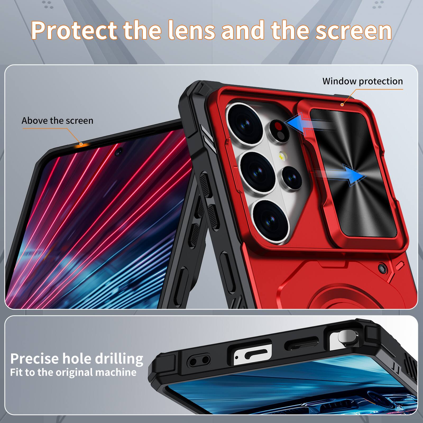 Protect the lens and the screen

Window protection

Above the screen

Precise hole drilling

Fit to the original machine