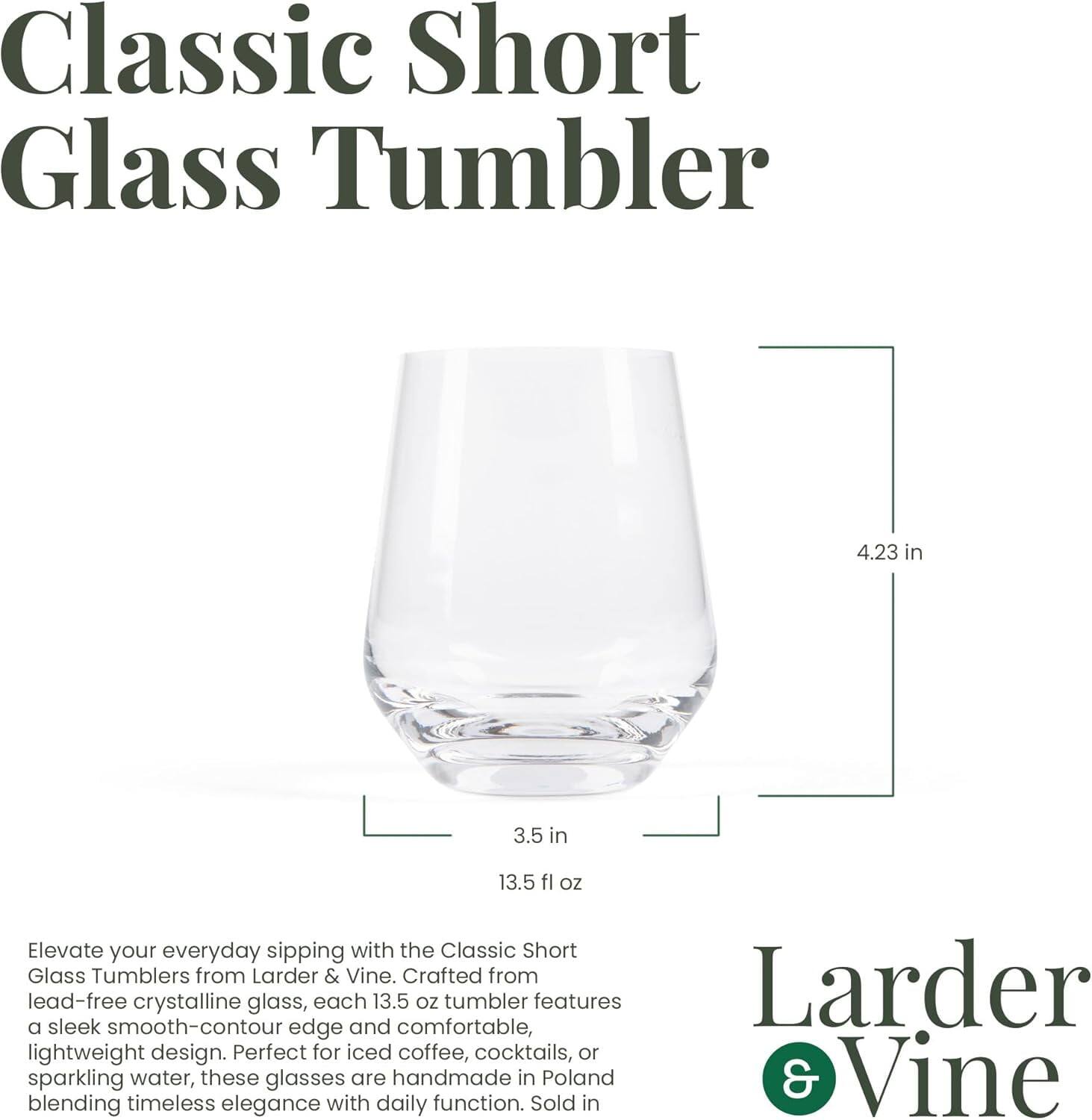 Classic Short Glass Tumbler

4.23 in  
3.5 in  
13.5 fl oz

Elevate your everyday sipping with the Classic Short Glass Tumblers from Larder & Vine. Crafted from lead-free crystalline glass, each 13.5 oz tumbler features a sleek smooth-contour edge and comfortable, lightweight design. Perfect for iced coffee, cocktails, or sparkling water, these glasses are handmade in Poland blending timeless elegance with daily function. Sold in Larder & Vine