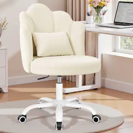 Front. Brick Attic - Petal Velvet Vanity Chair with Back,Flower Chair Comfy for Girls Women, Makeup Chair with Lumbar Pillow for Living Room - White.