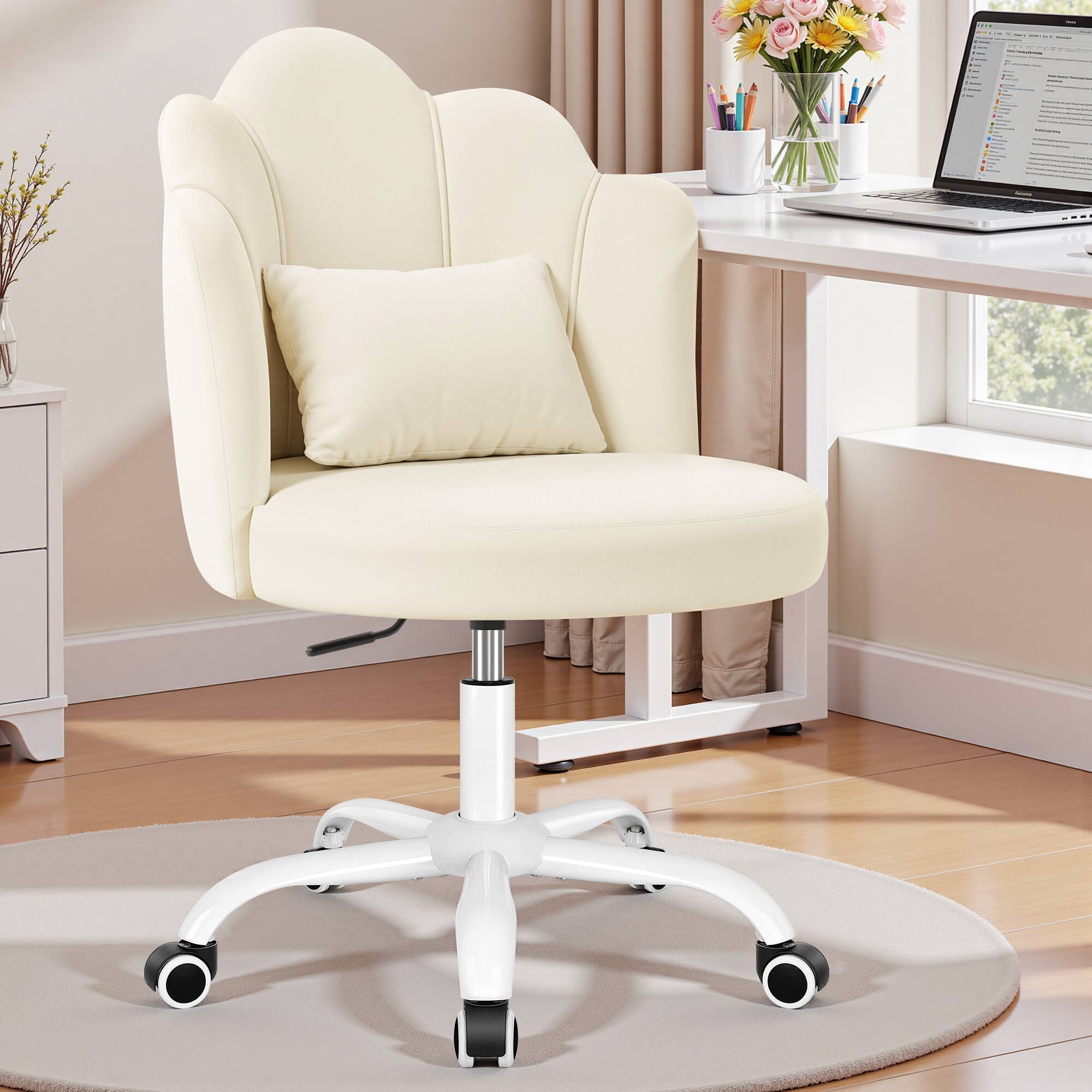 Alt View 5. KERDOM - Petal Makeup Vanity Chair with Wheels & Back Pillow, Flower Cute Girls Home Desk Chair, Swivel Velvet Small Accent Chair - White.