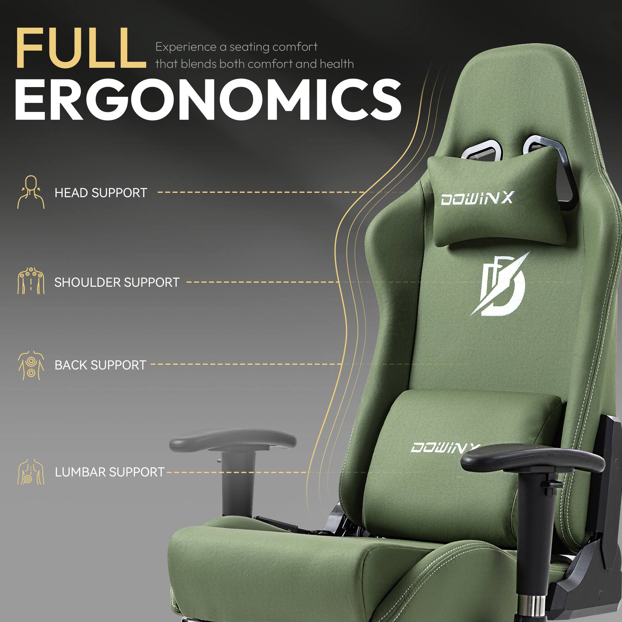 FULL ERGONOMICS  
Experience a seating comfort that blends both comfort and health  

- HEAD SUPPORT  
- SHOULDER SUPPORT  
- BACK SUPPORT  
- LUMBAR SUPPORT