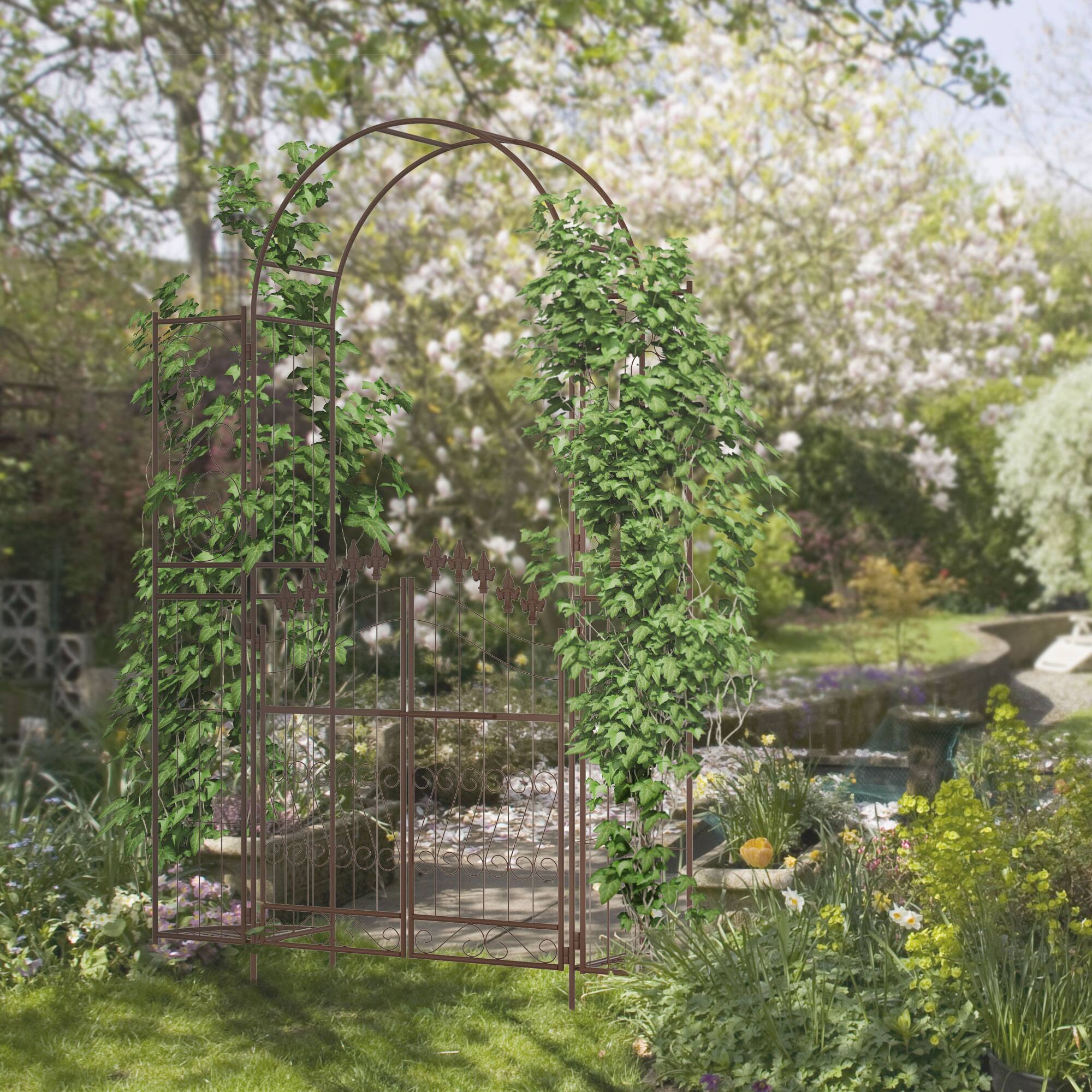 Alt View 1. Outsunny - Garden Arbor, Garden Arch with Gate, Planter Shelves for Climbing Vines, Ceremony, Weddings - Brown.