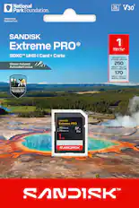 National Park Foundation
Yellowstone National Park
SANDISK Extreme PRO
SDXC™ UHS-I Card • Carte
Sticker included
Autocollant inclus
PROUD SUPPORTER OF NATIONAL PARK FOUNDATION
1 TB*/To*
SPEEDS UP TO VITESSE JUSQU'A
250 MB/s**
READ • LECTURE
170 MB/s**
WRITE • ÉCRIRE
4K UHD
V30
SANDISK Extreme PRO
250MB/s R
170MB/s W
1TB
V30
SANDISK™