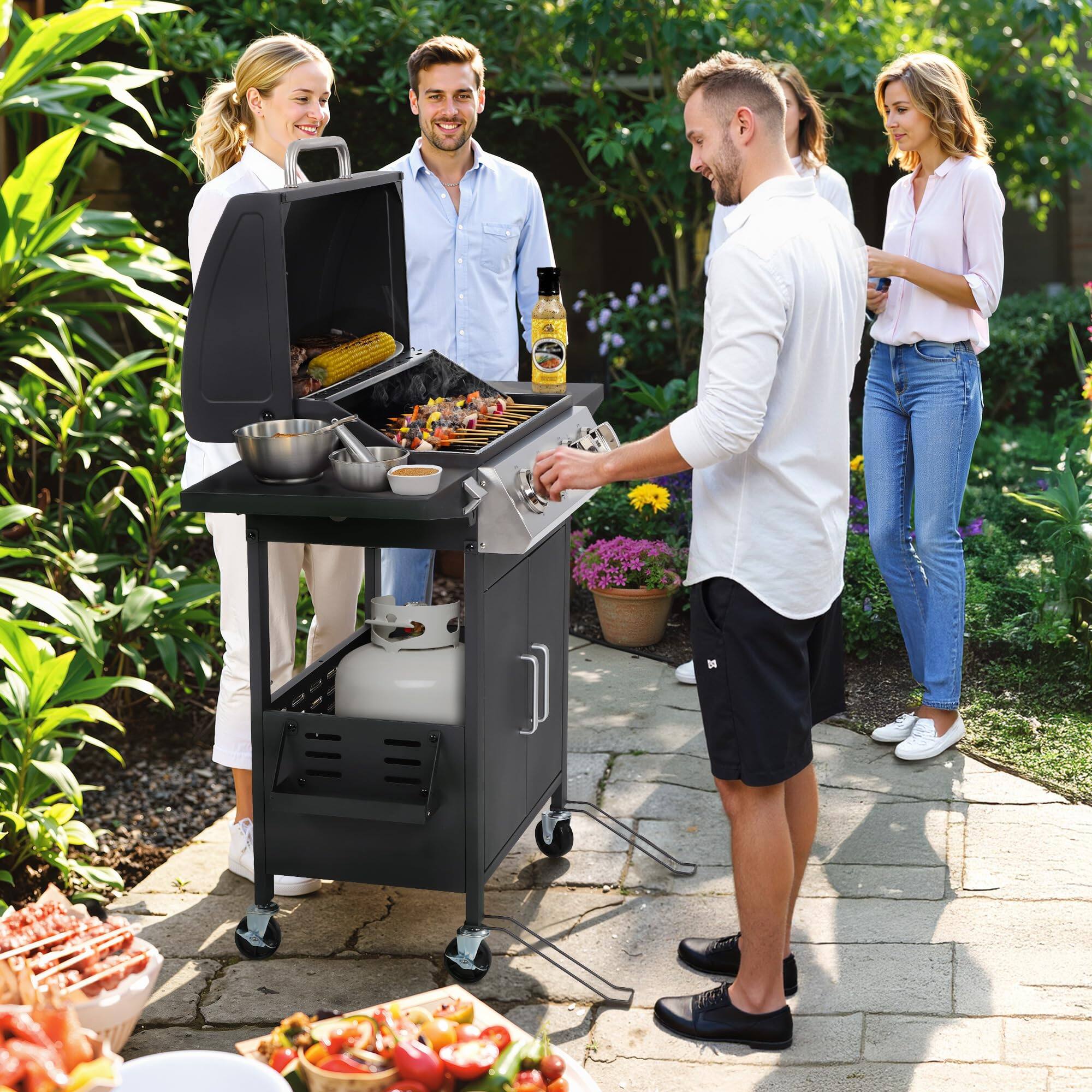 Angle. GlowWise - 4-Burner 40,000 BTU Propane BBQ Grill, Stainless Steel with Wheels, Foldable Side Tables & Spice Rack, Black. - Blank.