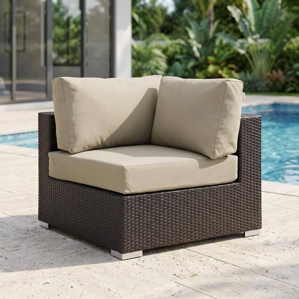 Left. Outdoor Escape - Outdoor Patio Corner With Cushioned Seating And Armrests For Cozy Outdoor Living - Beige.