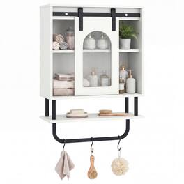Costway - Bathroom Wall Cabinet with Sliding Barn Door Metal Hanging Bar 3 Hooks for Kitchen - White + Black