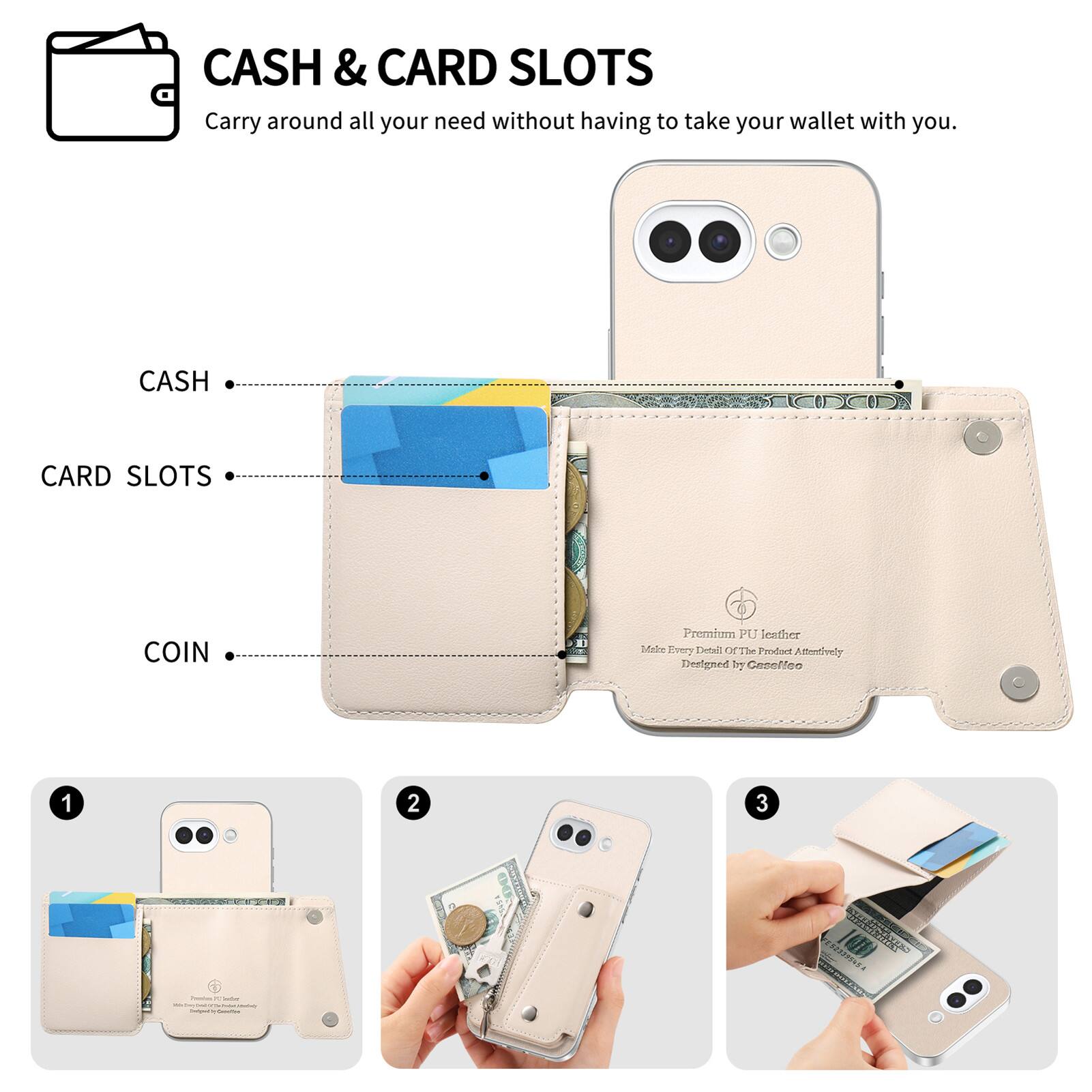 CASH & CARD SLOTS  
Carry around all your need without having to take your wallet with you.

CASH  
CARD SLOTS  
COIN  

Premium PU leather  
Make Every Detail Of The Product Attentively  
Designed by CaseNoo  

1  
2  
3  

CHDONE R adidas - - I -- - COMMENTO - Cacbook  
FESZEEEEEE CREAMENTED CISS