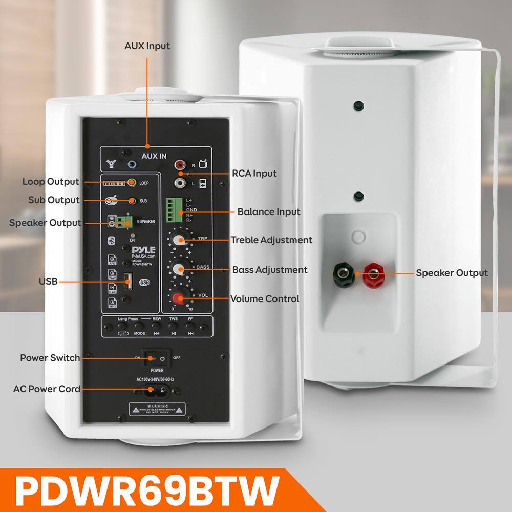 AUX Input Loop Output  
AUX IN  
RCA Input  
Balance Input  
Treble Adjustment  
Bass Adjustment  
Volume Control  
USB  
Power Switch  
AC Power Cord  
AC 100V-242V 50/60Hz  
PDWR69BTW