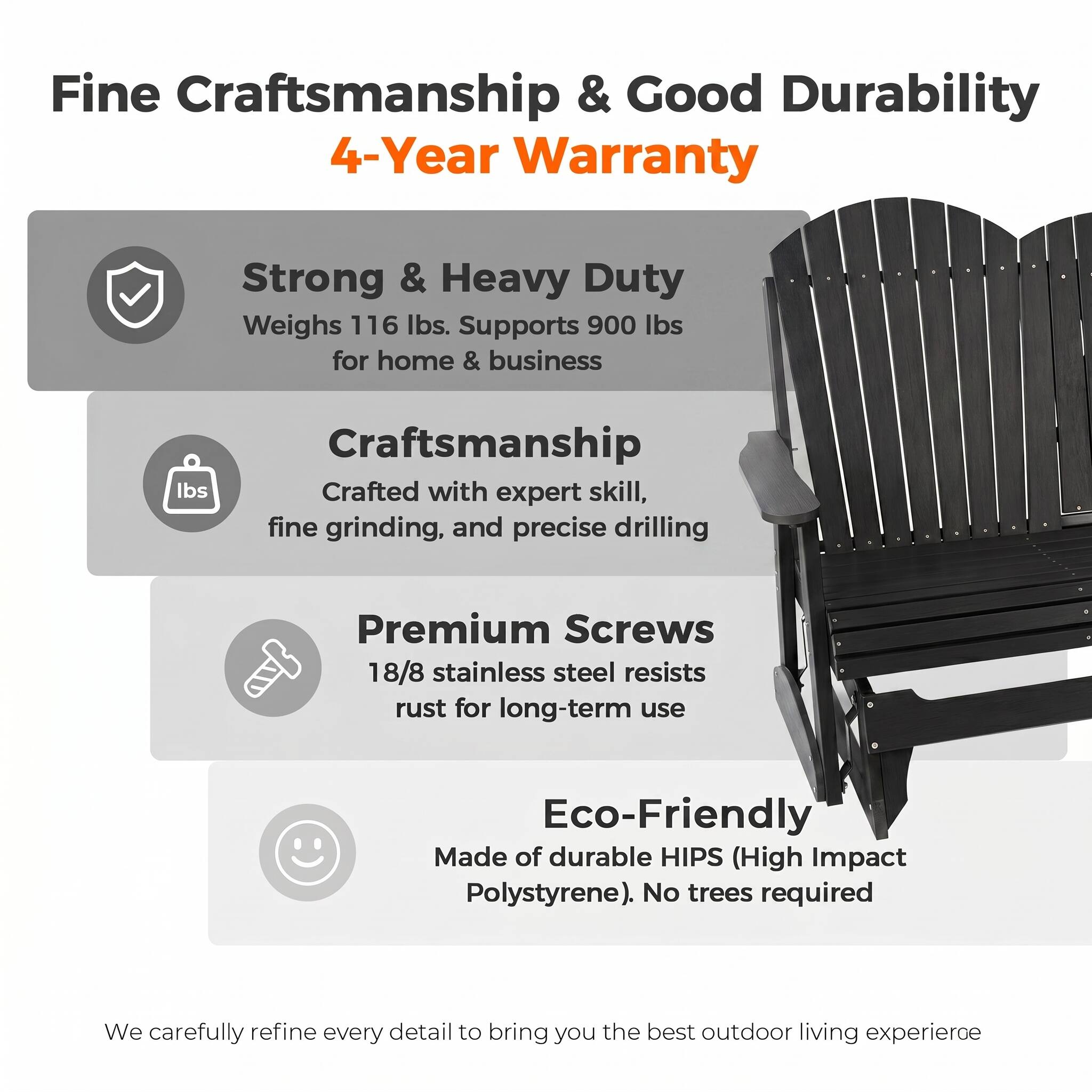 Fine Craftsmanship & Good Durability  
4-Year Warranty  

Strong & Heavy Duty  
Weighs 116 lbs. Supports 900 lbs for home & business  

Craftsmanship  
Crafted with expert skill, fine grinding, and precise drilling  

Premium Screws  
18/8 stainless steel resists rust for long-term use  

Eco-Friendly  
Made of durable HIPS (High Impact Polystyrene). No trees required  

We carefully refine every detail to bring you the best outdoor living experience