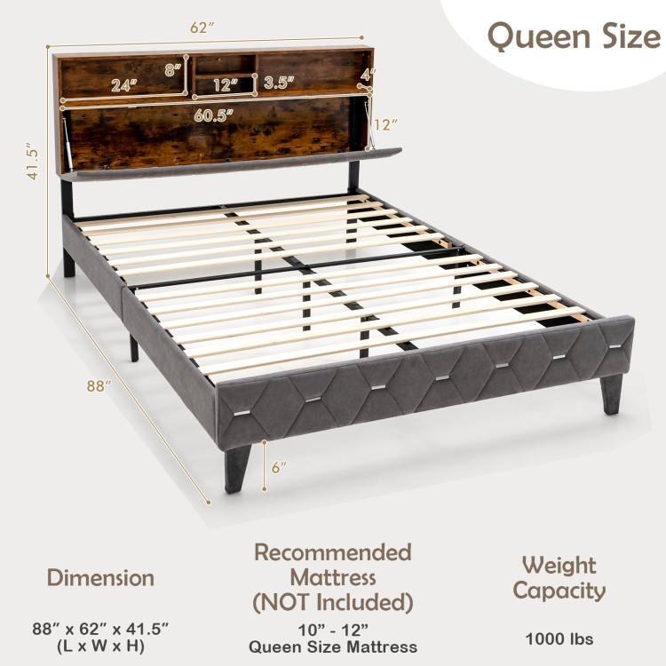 Dimension: 88" x 62" x 41.5" (L x W x H)

Recommended Mattress (NOT Included): 10" - 12" - Queen Size Mattress

Weight Capacity: 1000 lbs

24" 62" 8 12" 3.5" 41.5" 60.5" 12" 88" 6" Queen Size