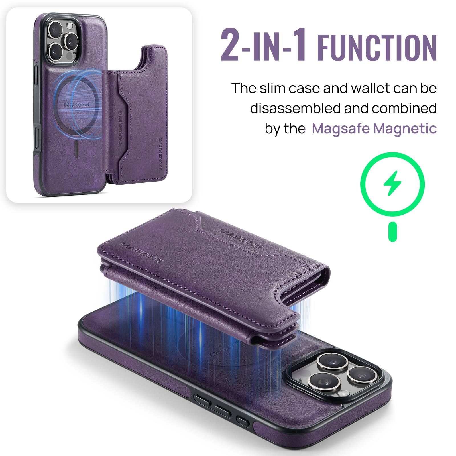 Fkxich MACKING DHINDAN 2-IN-1 FUNCTION  
The slim case and wallet can be disassembled and combined by the Magsafe Magnetic