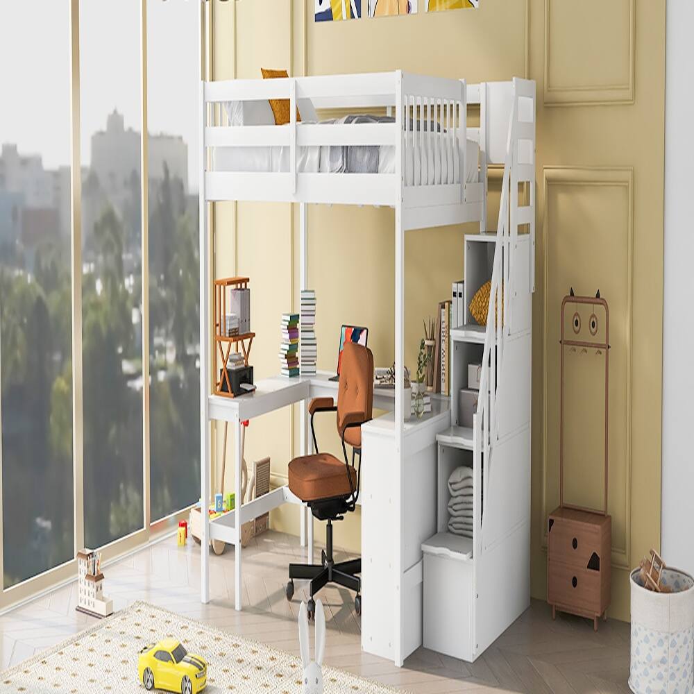 Alt View 1. Loheer - Loheer Full Size Loft Bed with L-Shaped Desk and Storage Stairs, White - White.