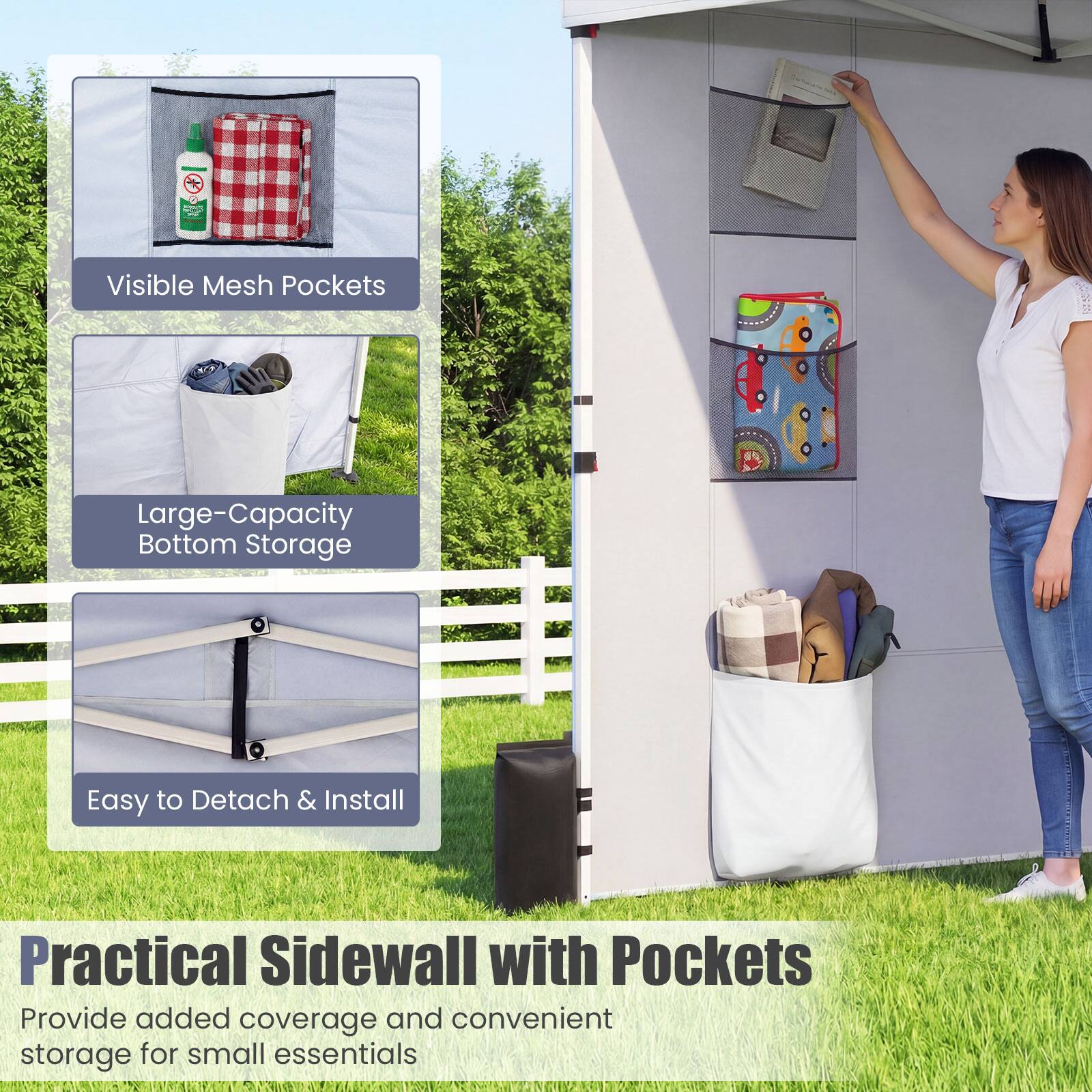Visible Mesh Pockets  
Large-Capacity Bottom Storage  
Easy to Detach & Install  

Practical Sidewall with Pockets  
Provide added coverage and convenient storage for small essentials