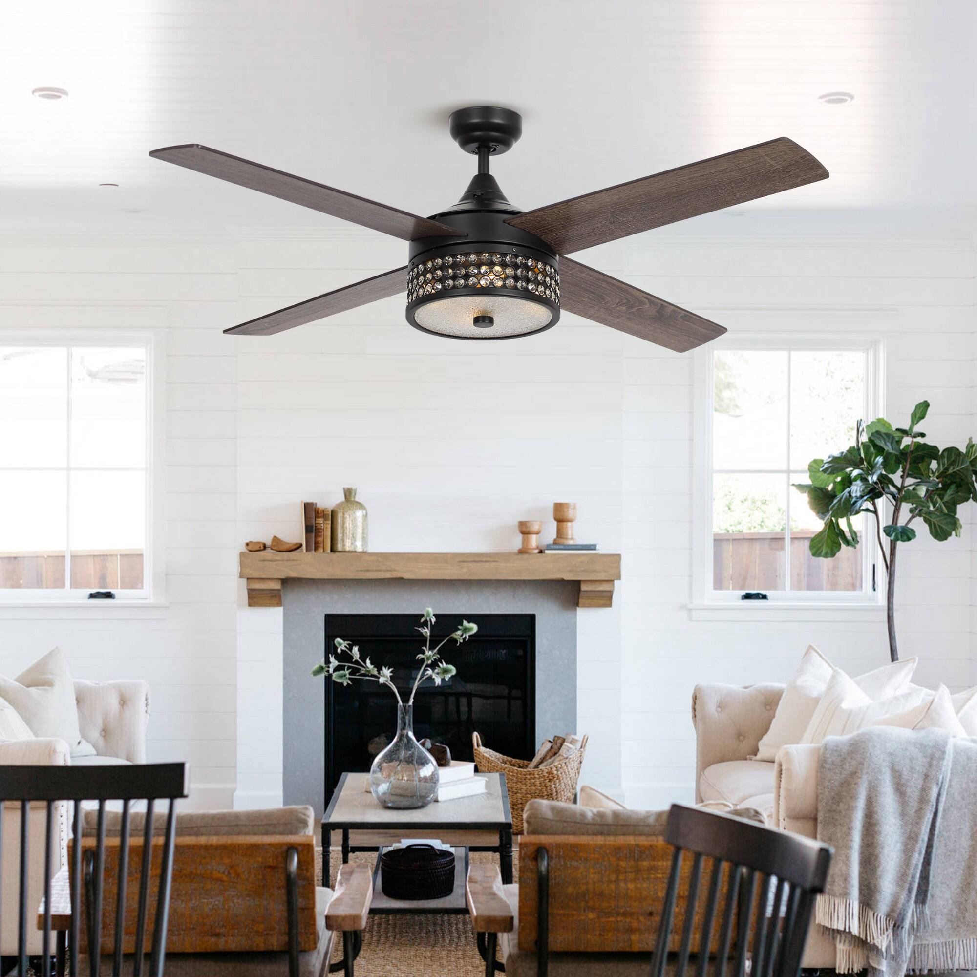Angle. Parrot Uncle - 52" Farmhouse Black 4-Blade Crystal Ceiling Fan with Remote Control - Black.