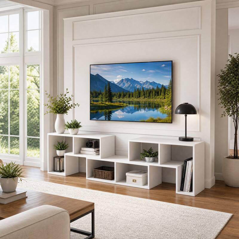Angle. WELLFOR - 3 PCS Adjustable TV Stand Minimalist Entertainment Center for 43/ 55 /60/ 65 Inch TV Media Console Table - White.