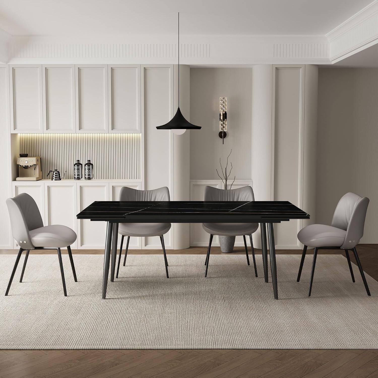 Alt View 2. luck idea - Extendable Sintered Stone Dining Table 62.9"-94.4" Heat Scratch Resistant Black Rock Slate Metal Leg Kitchen Table - black.