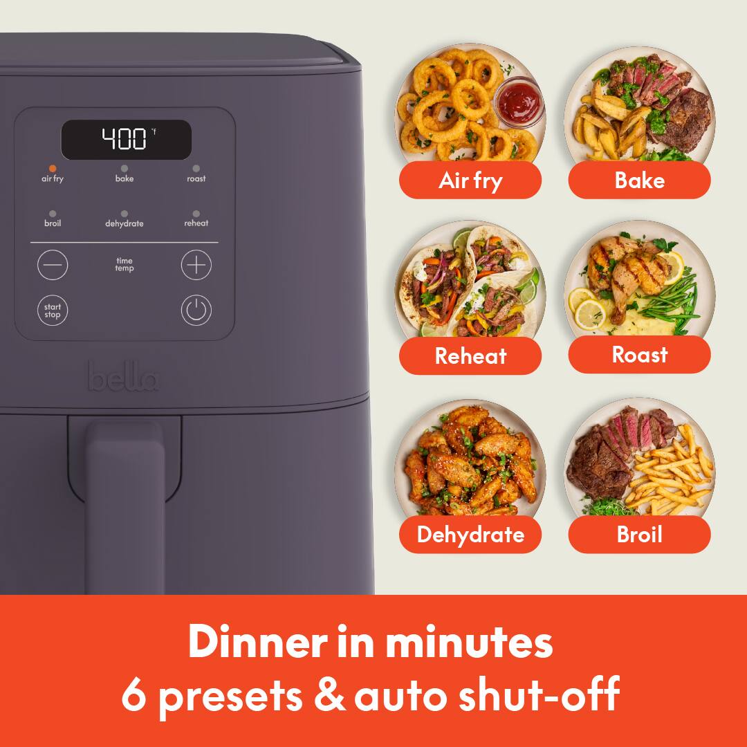 Air fry, Bake, Roast, Reheat, Dehydrate, Broil, Dinner in minutes 6 presets & auto shut-off