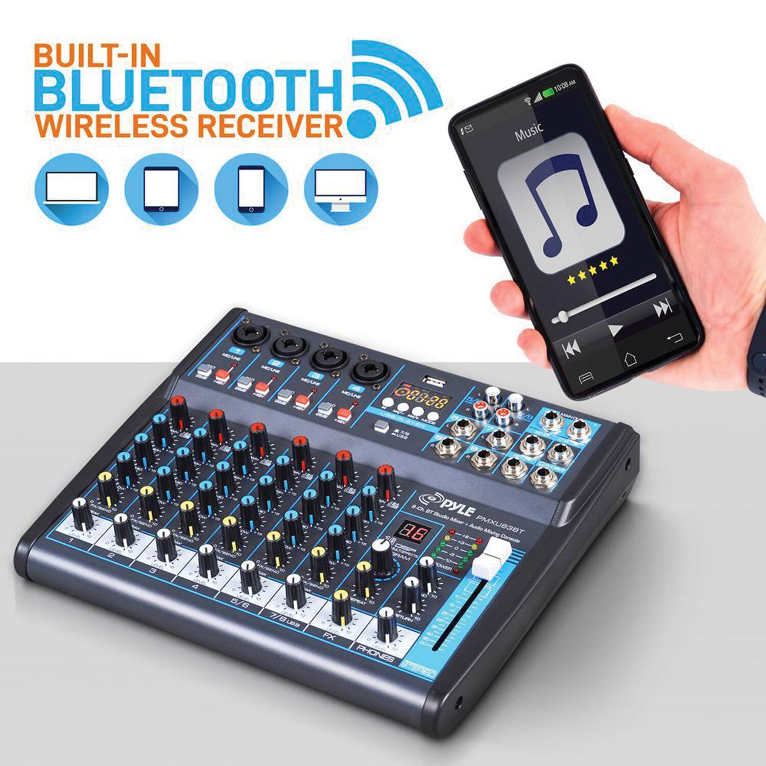 BUILT-IN BLUETOOTH WIRELESS RECEIVER

PYLE PMKUB3BT

Music

10:08

88.88

0 MT

PYLE

86

FX

PHONES

TSARN

5/8

D

B

LE

FX

PRONES