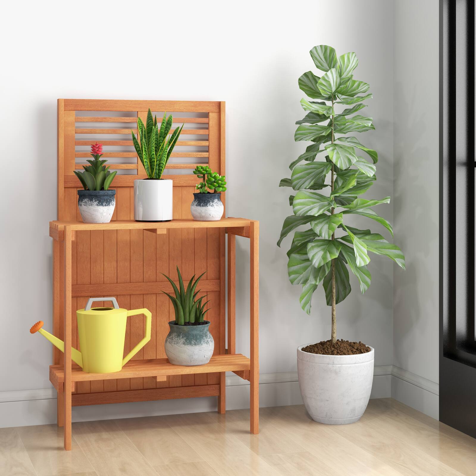 Alt View 2. SlickBlue - Teak Oil Finished Folding Potting Bench with 2 Tier Storage for Garden Yard - Natural.