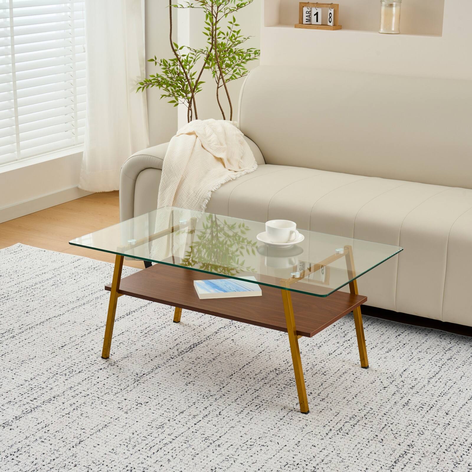 Alt View 5. Ecooso - Rectangle Coffee Table with Tempered Glass top and White Metal Legs, Modern Table for Living Room - Transparent.