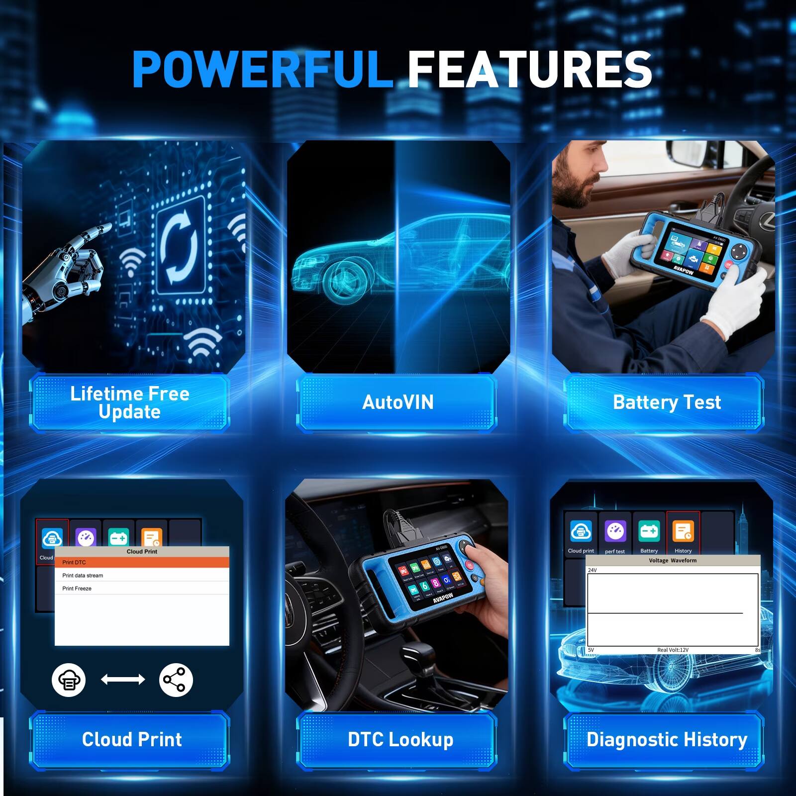 POWERFUL FEATURES

- Lifetime Free Update
- AutoVIN
- Battery Test
- Cloud Print
- Print DTC
- Print data stream
- Print Freeze
- DTC Lookup
- Diagnostic History
- Battery History Voltage Waveform
