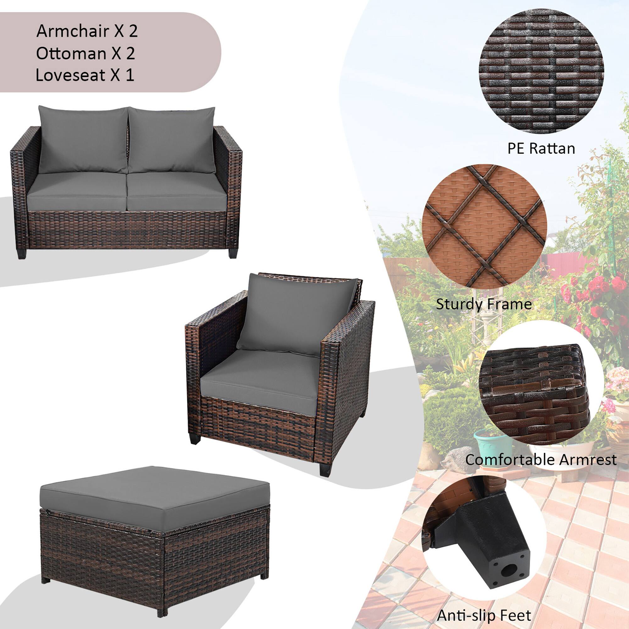 Armchair X 2, Ottoman X 2, Loveseat X 1, PE Rattan, Sturdy Frame, Comfortable Armrest, Anti-slip Feet