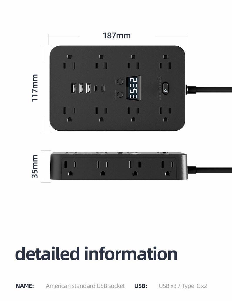 187mm  
117mm  
35mm  

detailed information  

NAME: American standard USB socket  
USB: USB x3 / Type-C x2