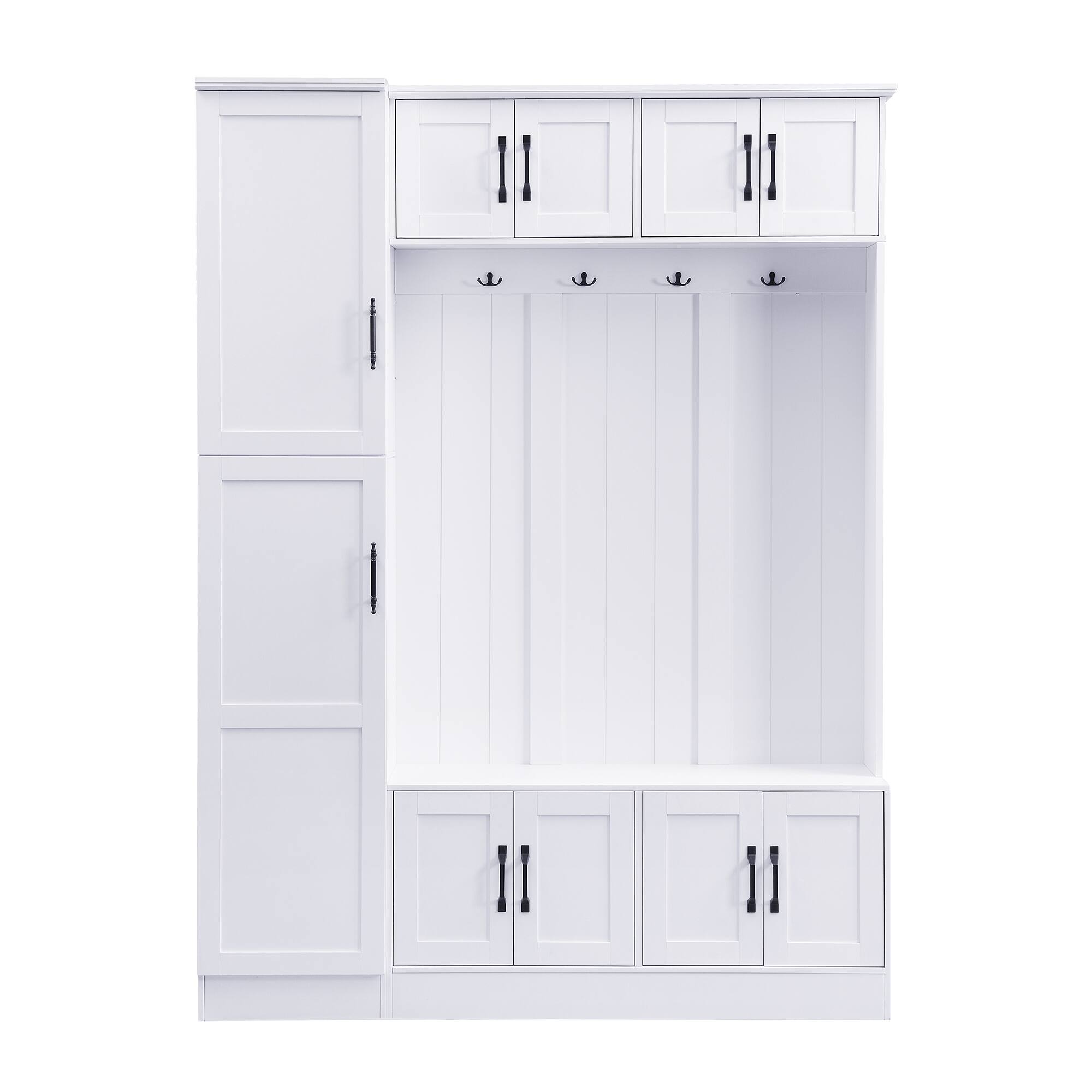 Alt View 2. Whisen - Modern Hall Tree with Shoe Storage, 4-in-1 Entryway Bench with 6 Cabinets and 4 Hooks - White.