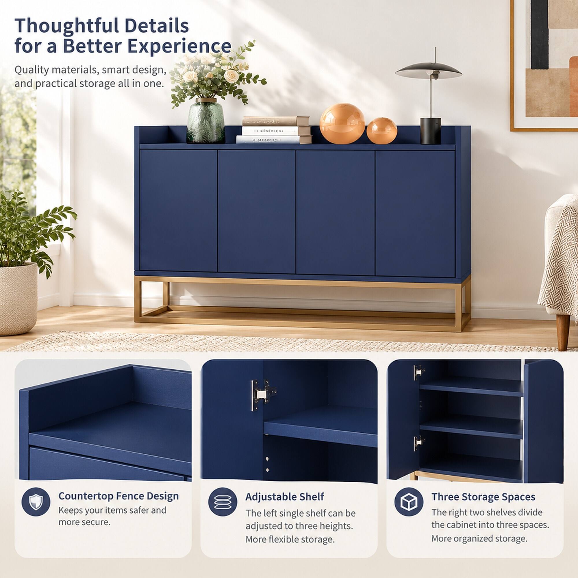 Thoughtful Details for a Better Experience  
Quality materials, smart design, and practical storage all in one.

KINEFLEX-EXPARES

Countertop Fence Design  
Keeps your items safer and more secure.

Adjustable Shelf  
The left single shelf can be adjusted to three heights.  
More flexible storage.

Three Storage Spaces  
The right two shelves divide the cabinet into three spaces.  
More organized storage.