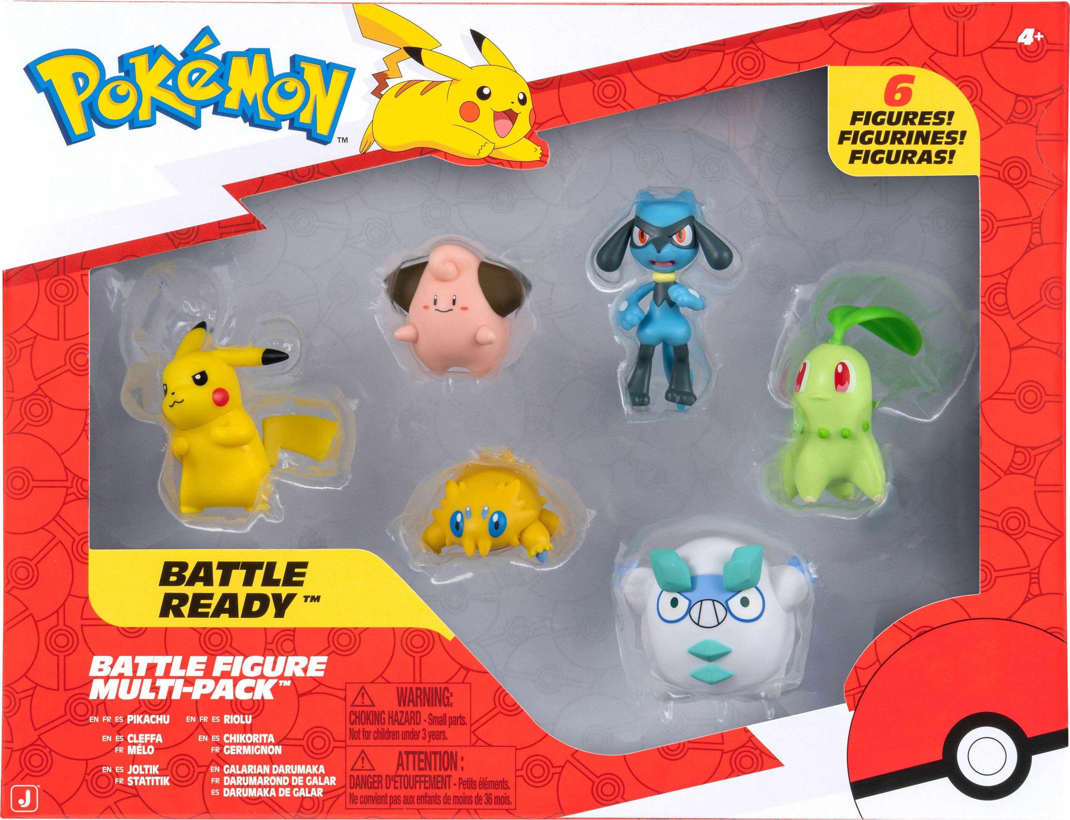 **Pokémon™**

**6 FIGURES! FIGURINES! FIGURAS!**

**BATTLE READY™**

**BATTLE FIGURE MULTI-PACK™**

- EN FR ES PIKACHU
- EN FR ES CLEFFA
- EN FR ES CHIKORITA
- EN FR ES JOLTIK
- EN FR ES RIOLU
- EN FR ES GERMIGNON
- EN FR ES DARUMAKA
- EN FR ES DARUMAKA DE GALAR
- EN FR ES DARUMAROND DE GALAR

**WARNING: CHOKING HAZARD - Small parts. Not for children under 3 years.**

**ATTENTION: DANGER D'ÉTOUFFEMENT - Petits éléments. Ne convient pas aux enfants de moins de 36 mois.**

**4+**