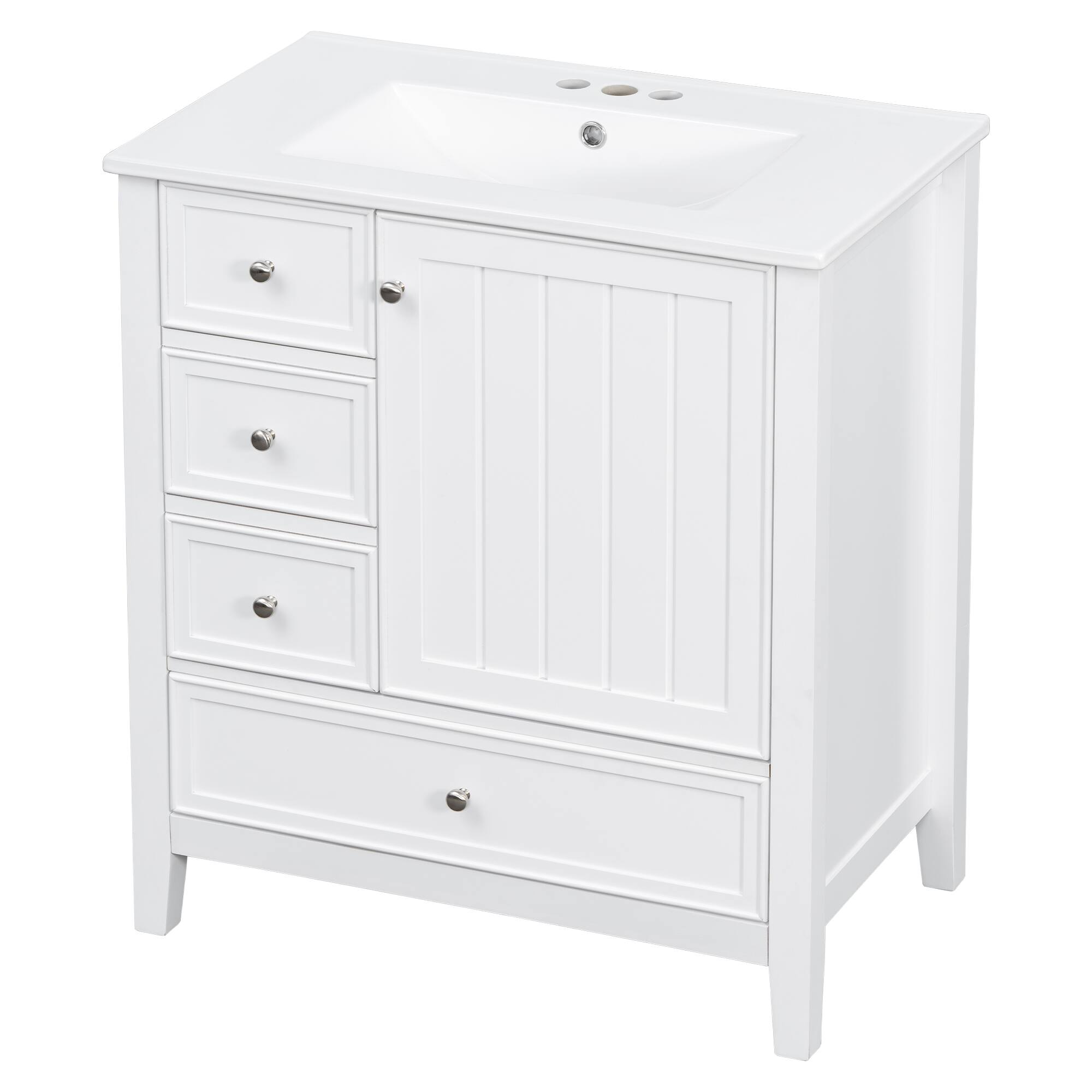 Left. Whisen - 30" Bathroom Vanity with Ceramic Sink Combo 3-Drawer 1-Cabinet Freestanding Storage Cabinet - White.