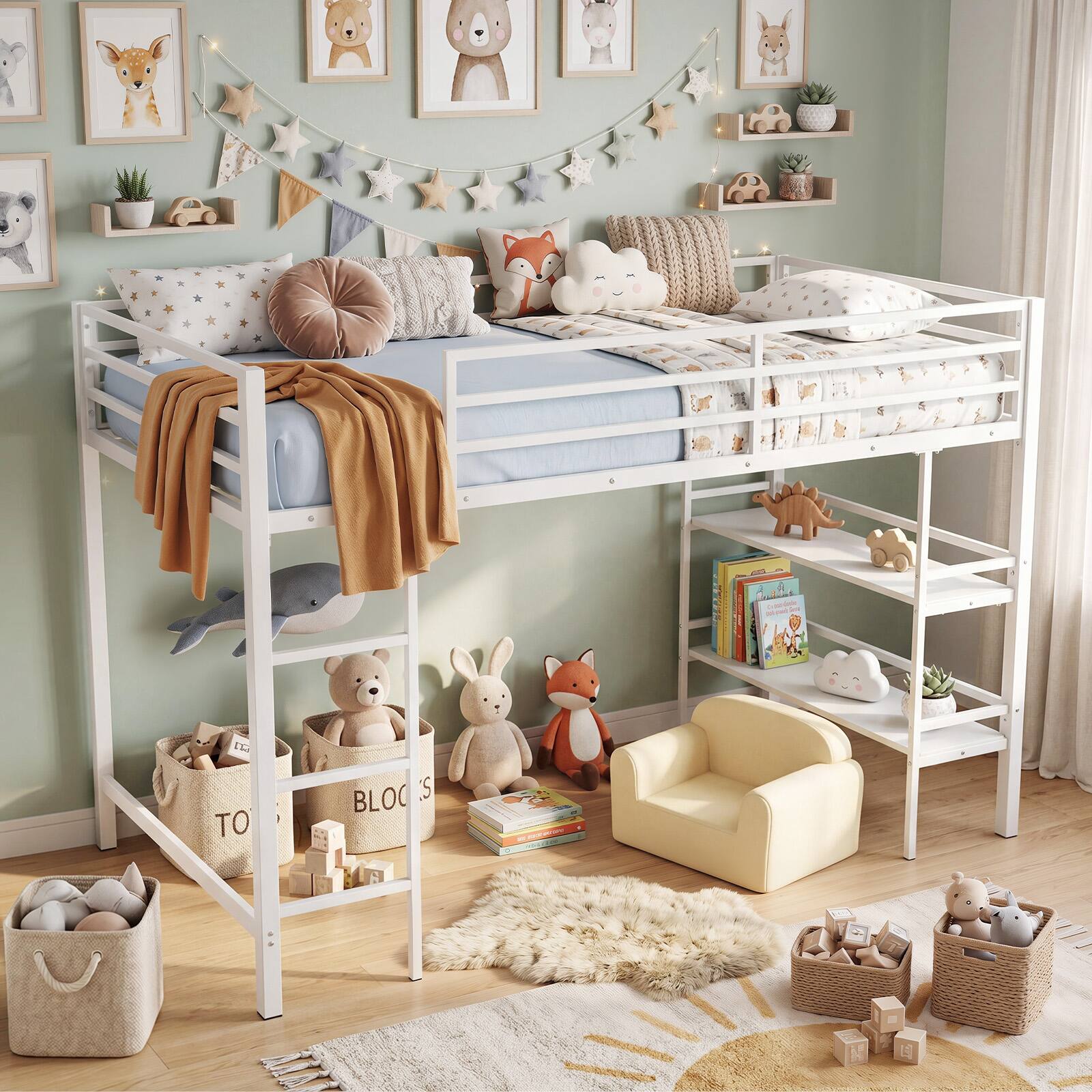 Alt View 5. Costway - Costway Twin Size Low Loft Bed with Storage Shelves Ladder Full-length Guardrails - White.