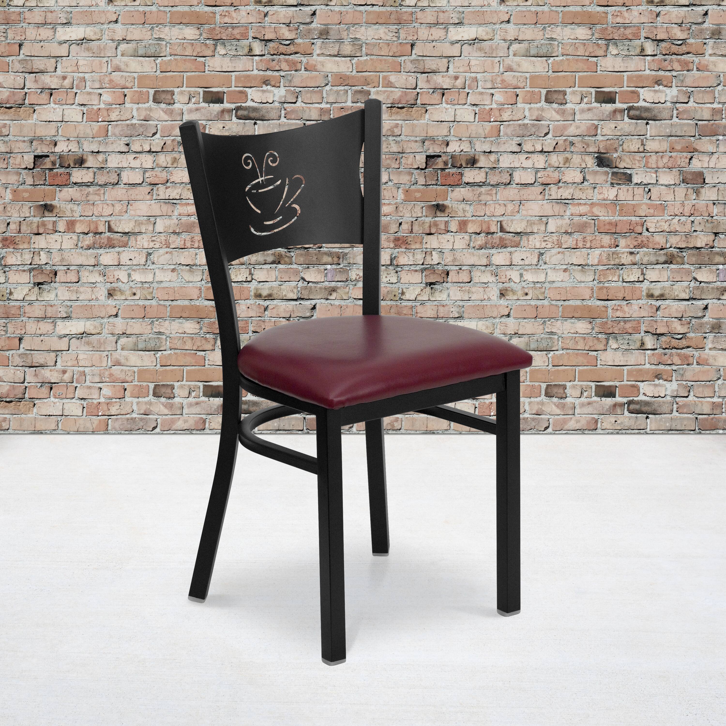 Alt View 2. Emma + Oliver - 2 Pack Coffee Back Metal Restaurant Chair - Burgundy Vinyl Seat/Black Metal Frame.