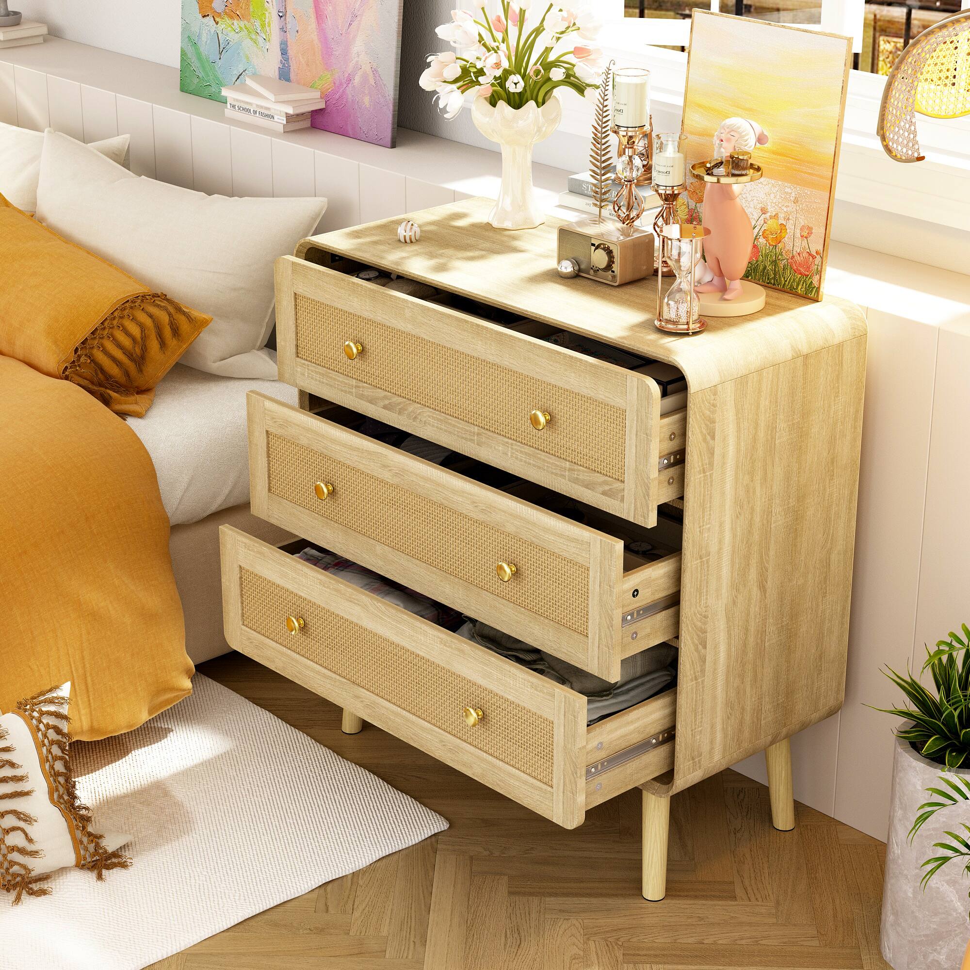 Alt View 10. Famapy - Famapy Rattan - Accented Nightstand with Rounded Corners: 3 - Drawer Storage for Bedroom & Office - Wooden.