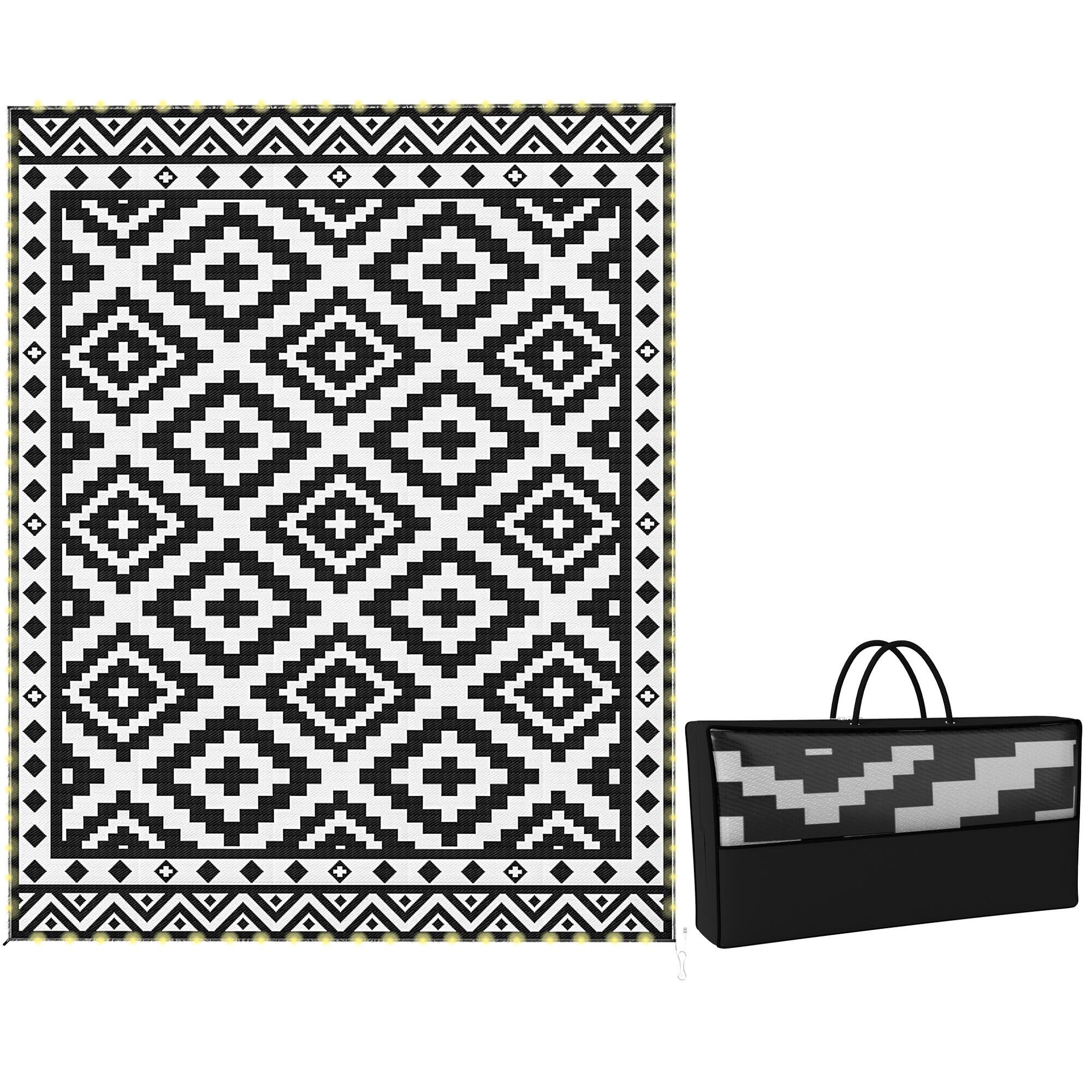 Front. Outsunny - Rug Carpet Reversible Plastic Straw Rug with LED Lights Black and White 10' x 8' for - Black and White.