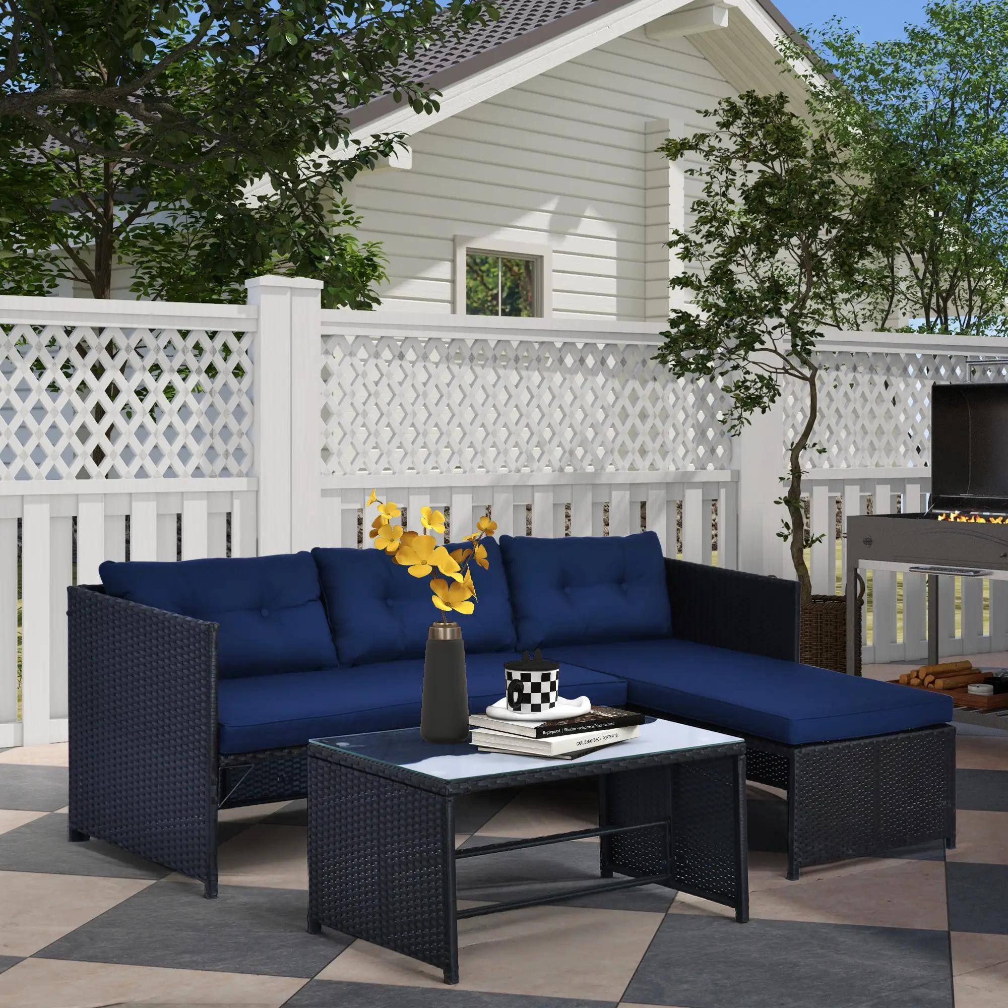 Alt View 6. Spaco - Spaco 3PC PE Rattan Sectional Set, Chaise Loveseat Ottoman, Deep Cushion - Blue.