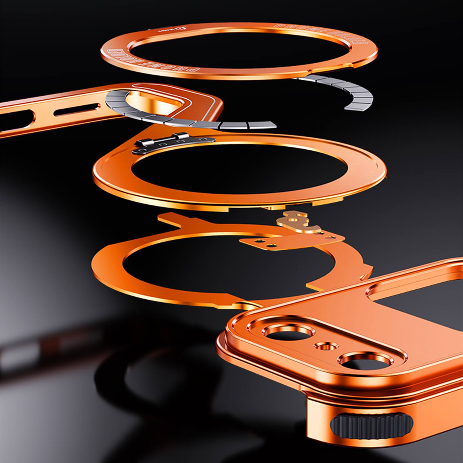 Left. Dteck - Magnetic Metal Bumper Phone Case for Apple iPhone 17 Pro Max, Frameless Shockproof Cooling Cover with Ring Kickstand - Orange.