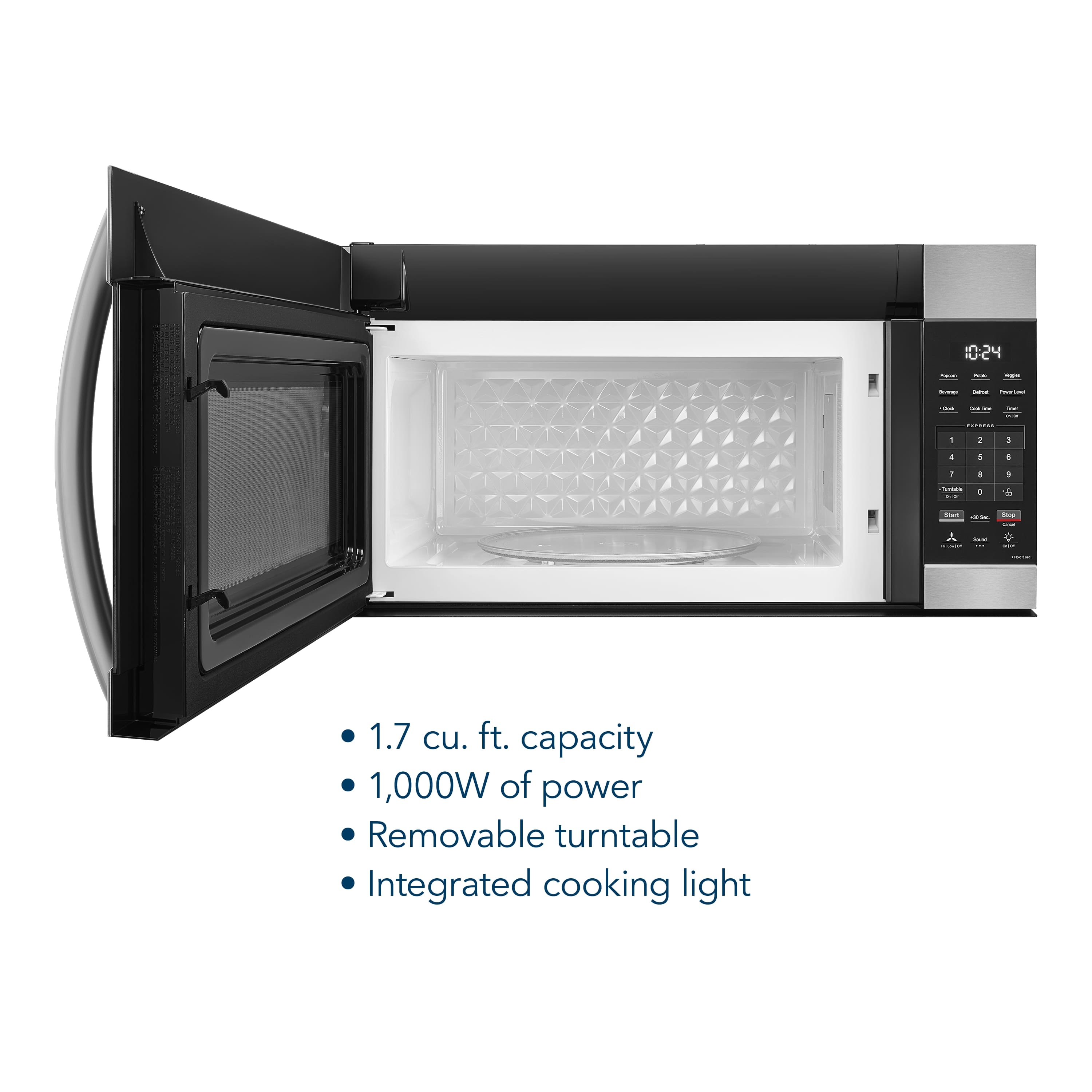 - 1.7 cu. ft. capacity
- 1,000W of power
- Removable turntable
- Integrated cooking light