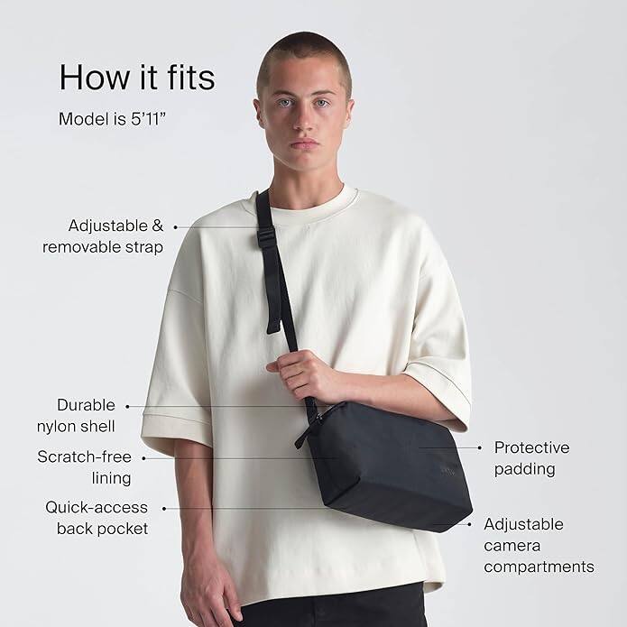 How it fits  
Model is 5'11"  

- Adjustable & removable strap  
- Durable nylon shell  
- Scratch-free lining  
- Quick-access back pocket  
- Protective padding  
- Adjustable camera compartments