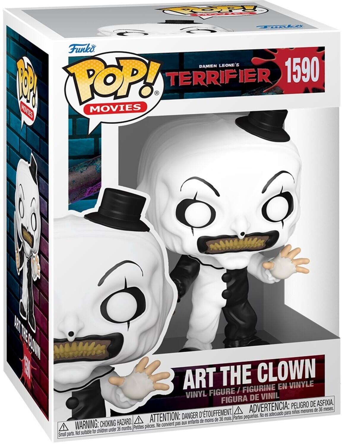Sure, here is the corrected and grouped text from the image:

---

**Funko POP! Movies**

**Damien Leone's Terrifier**

**1590**

**Art the Clown**

**Vinyl Figure / Figurine en Vinyle / Figura de Vinil**

**Warning: Choking Hazard. Small parts. Not suitable for children under 36 months.**

**Attention: Danger d'étouffement. Petites pièces. Ne convient pas aux enfants de moins de 36 mois.**

**Advertencia: Peligro de asfixia. Partes pequeñas. No es adecuado para niños menores de 36 meses.**

---