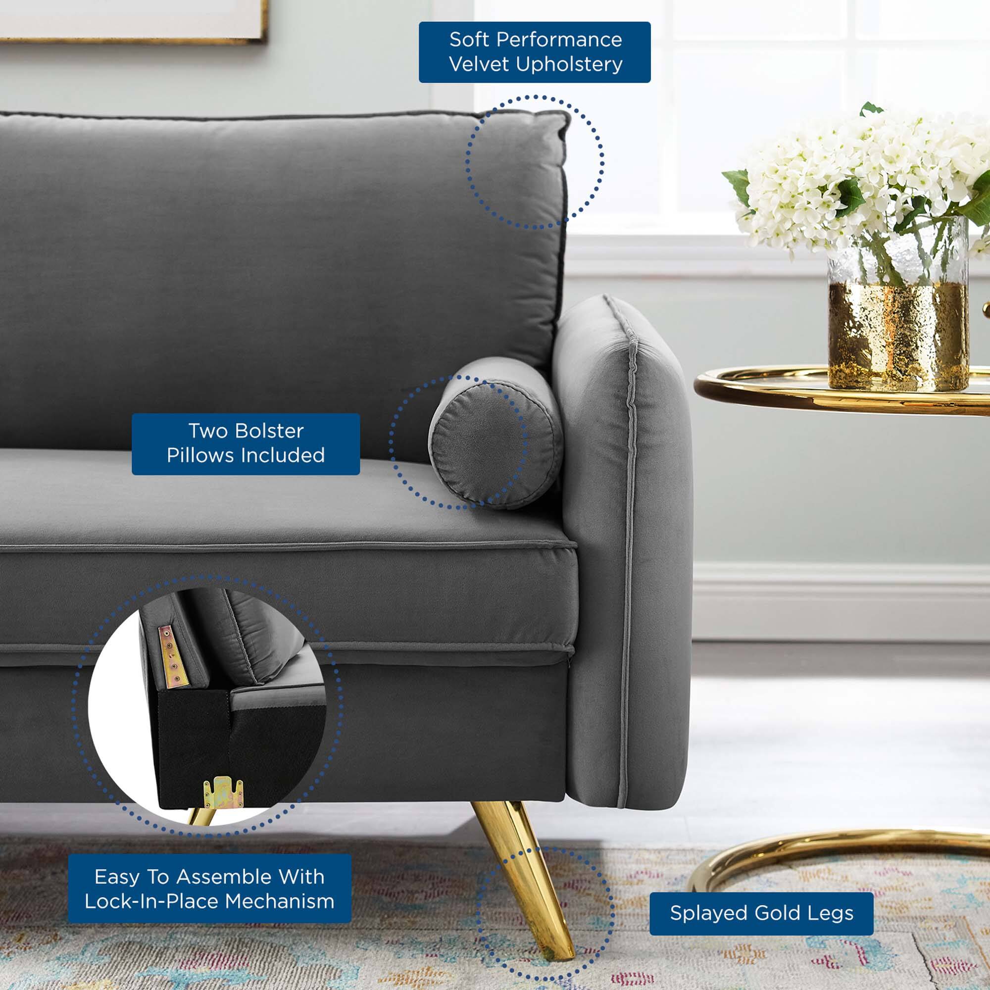 - Soft Performance Velvet Upholstery
- Two Bolster Pillows Included
- Easy To Assemble With Lock-In-Place Mechanism
- Splayed Gold Legs