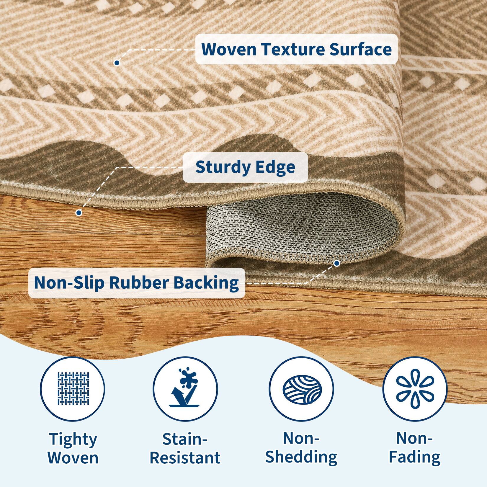 - Woven Texture Surface
- Sturdy Edge
- Non-Slip Rubber Backing
- Tighty Woven
- Stain-Resistant
- Non-Shedding
- Non-Fading