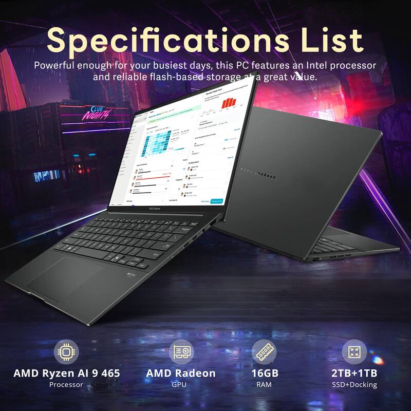 Specifications List  
Powerful enough for your busiest days, this PC features an Intel processor and reliable flash-based storage at a great value.

- AMD Ryzen AI 9 465 Processor
- AMD Radeon GPU
- 16GB RAM
- 2TB+1TB SSD+Docking