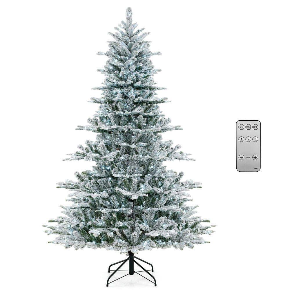 Resenkos - 7-Ft Snow Flocked Artificial Christmas Tree - Cool White LEDs, /White - Green