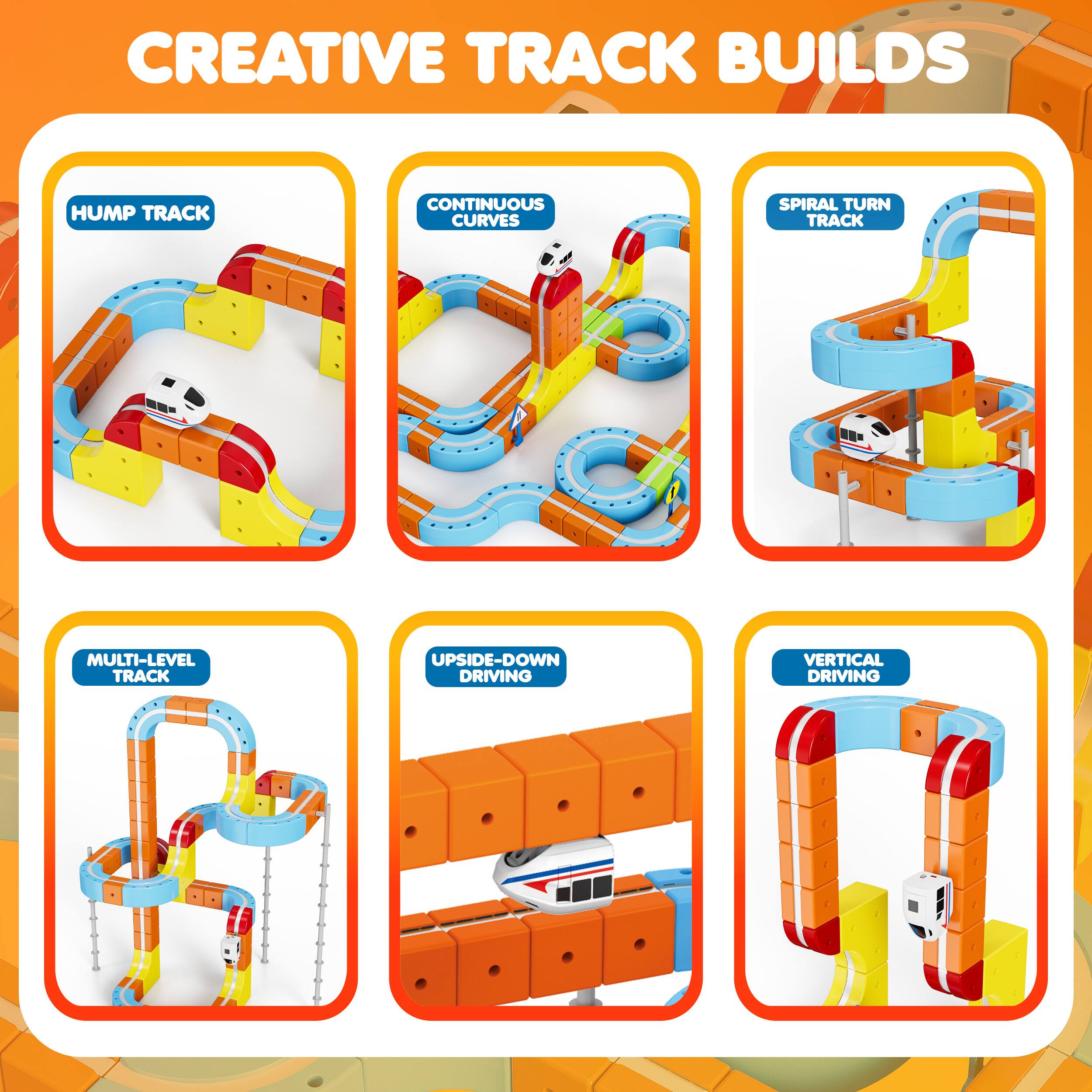 CREATIVE TRACK BUILDS

- HUMP TRACK
- CONTINUOUS CURVES
- SPIRAL TURN TRACK
- MULTI-LEVEL TRACK
- UPSIDE-DOWN DRIVING
- VERTICAL DRIVING